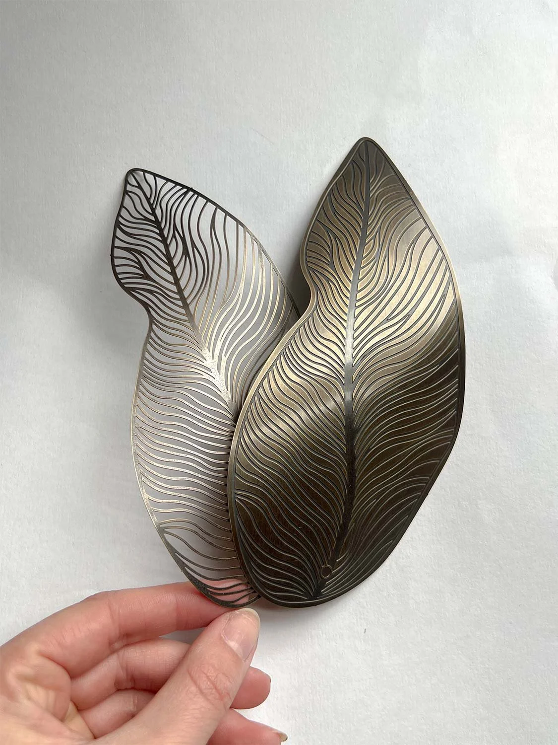 Two Rock and Soar patinated feathers