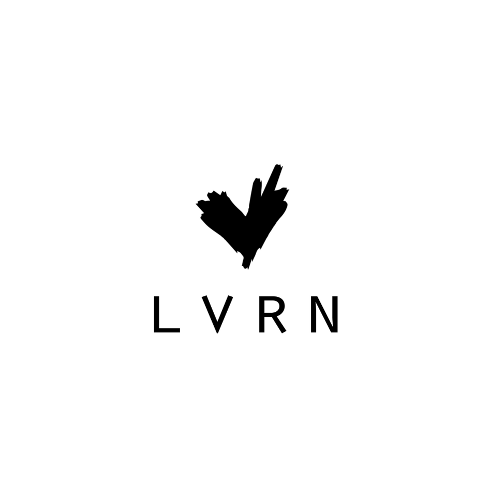 A minimalist black and white logo featuring a stylized black heart with brushstroke texture above the letters 'LVRN'.