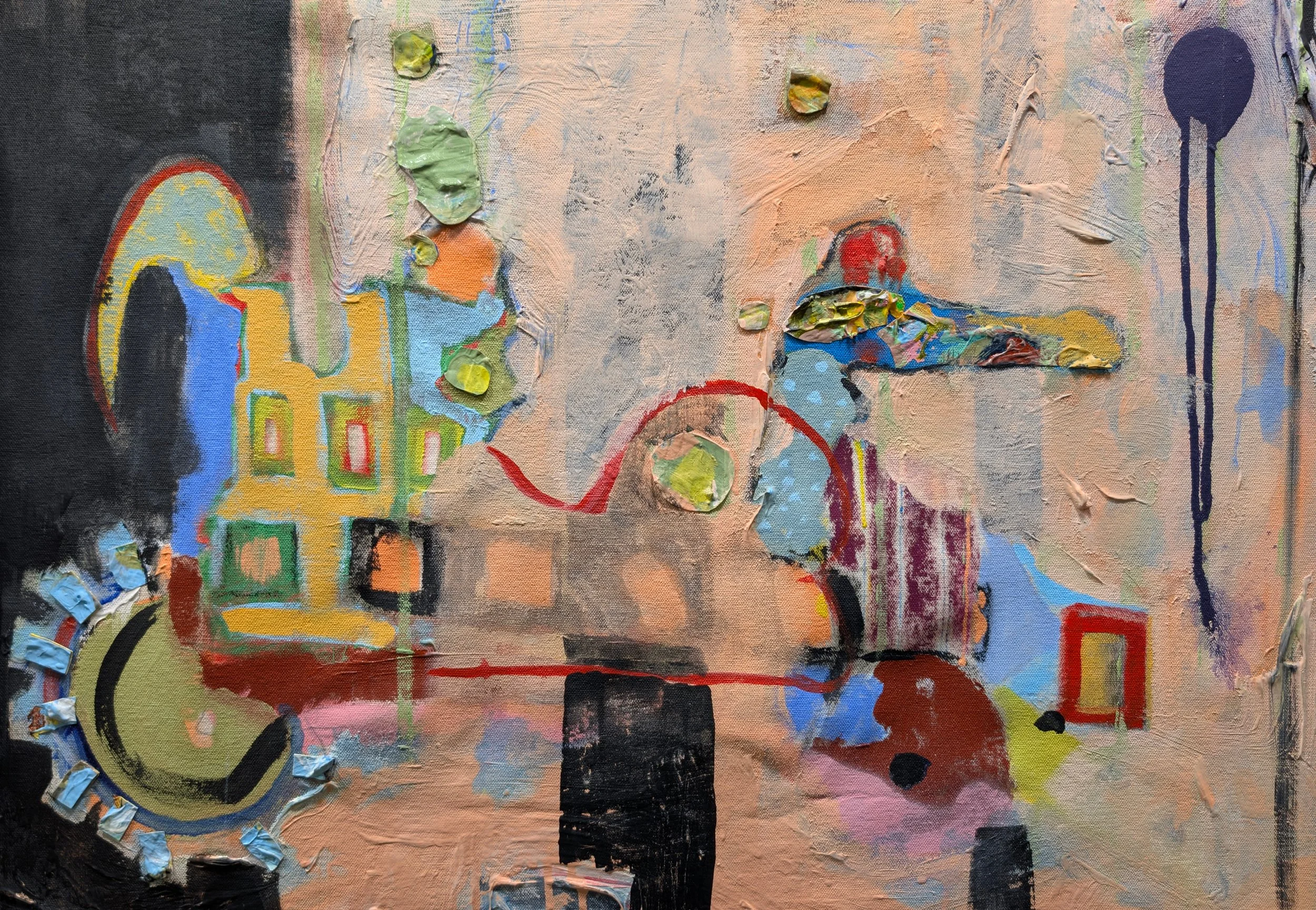 Abstract mixed media artwork with textured paint, colorful shapes, and elements resembling gears or machinery.