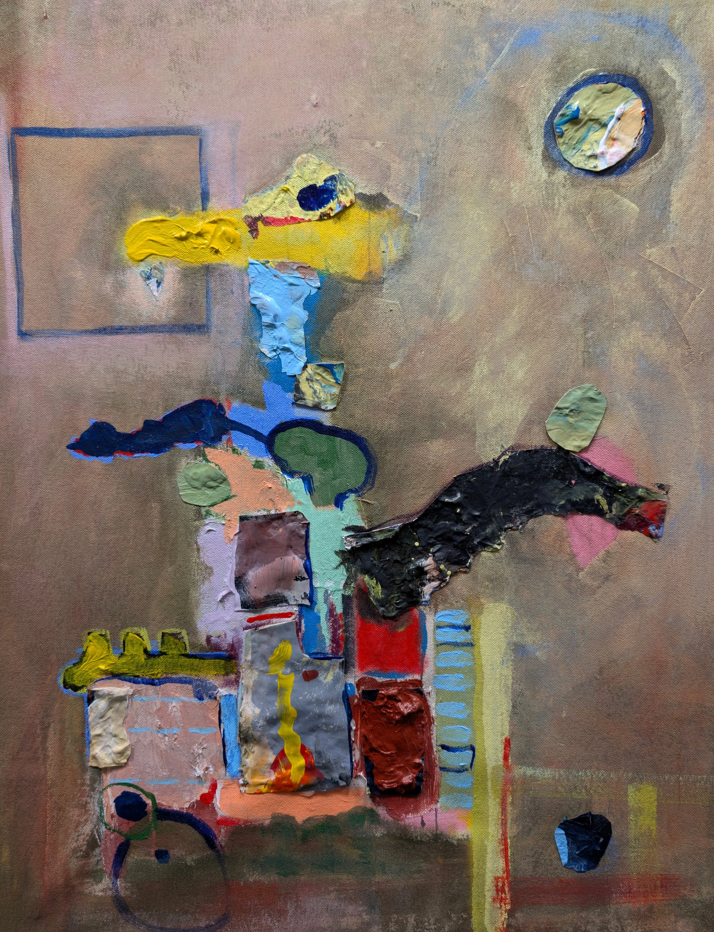 Abstract mixed media artwork featuring colorful, textured shapes and brushstrokes on a muted background, with a circular element in the upper right corner and various geometric forms throughout.