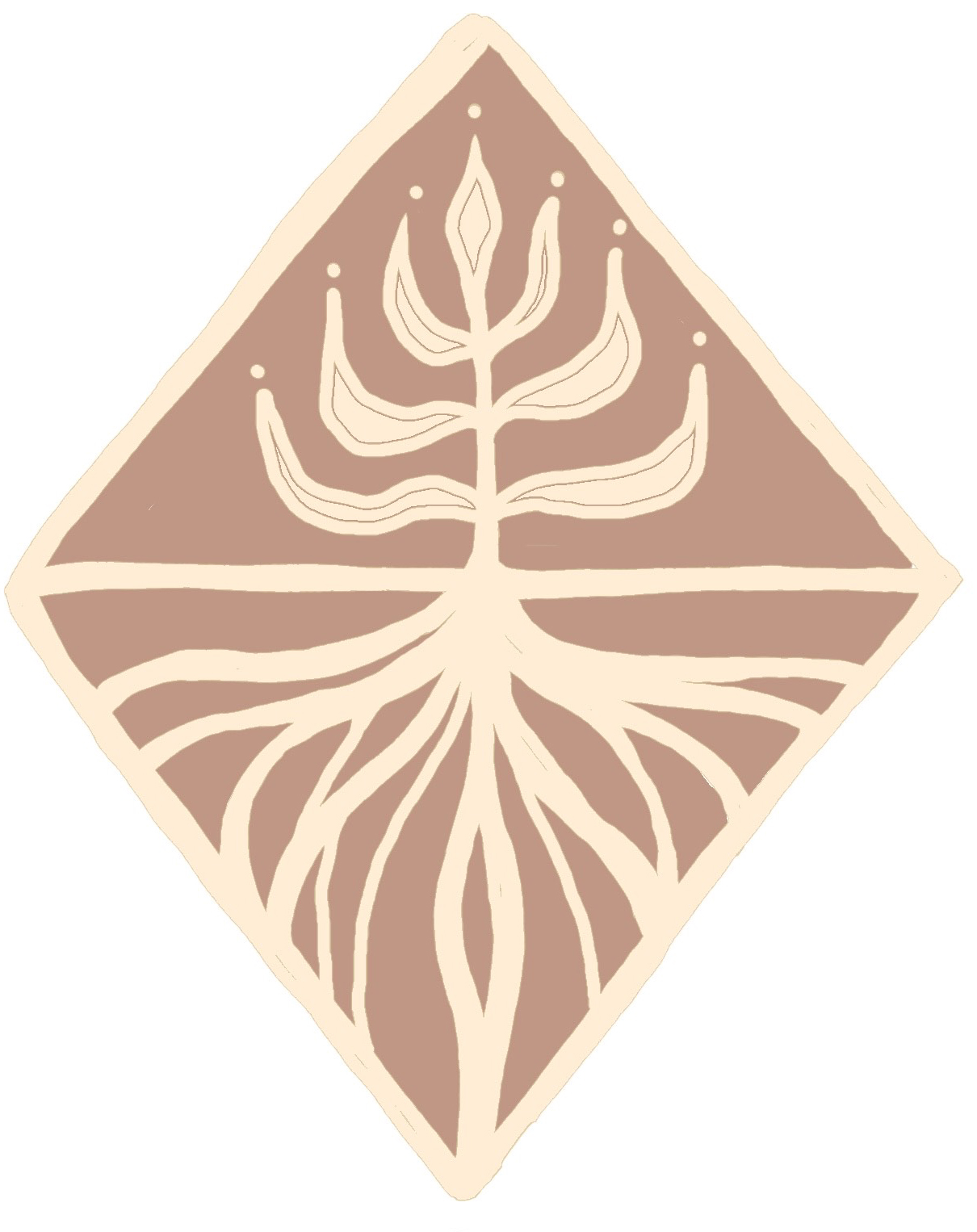 A stylised tree with sprawling roots and outstretched branches inside a diamond-shaped frame, with brown and beige colours.