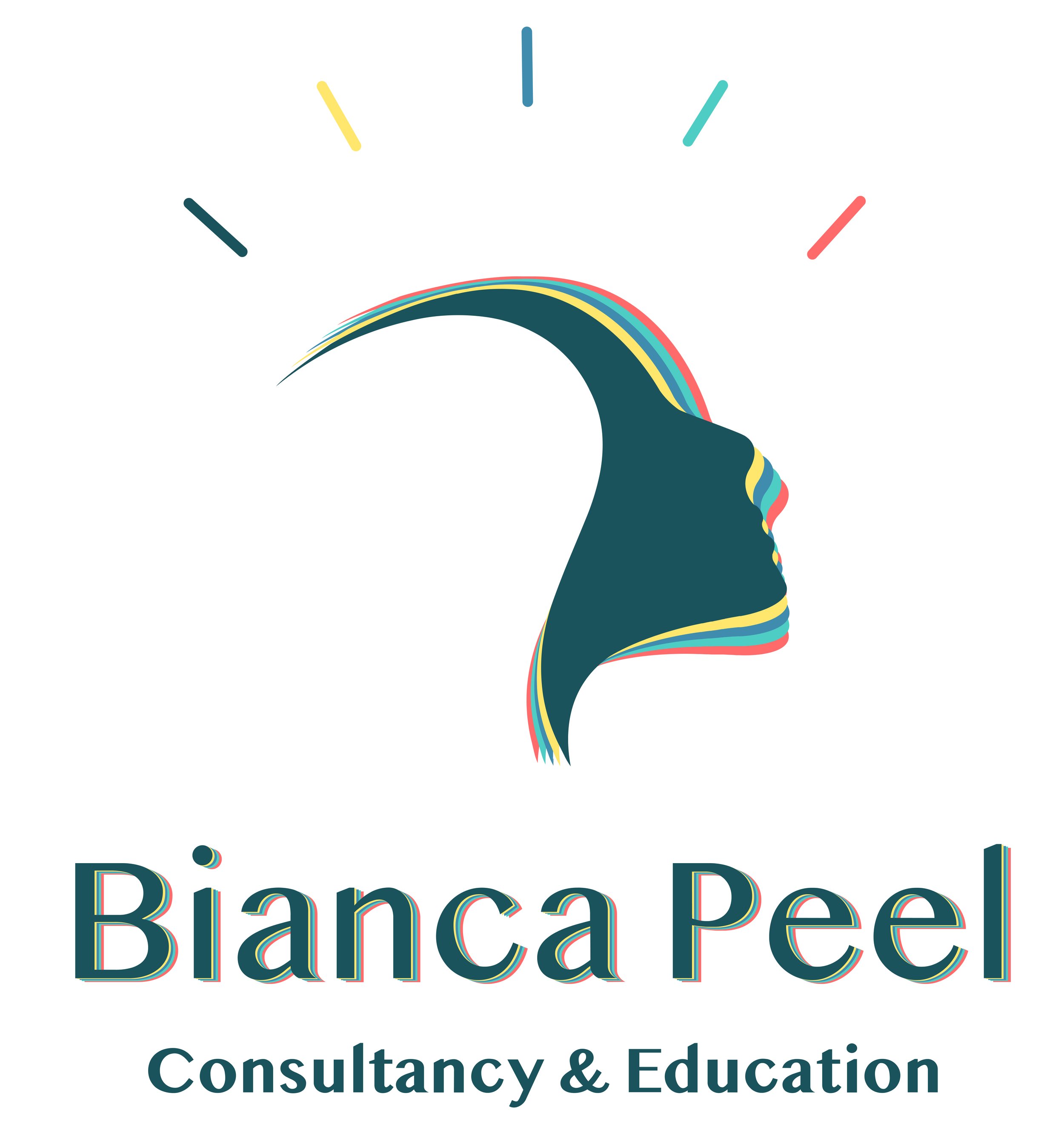 A logo for Bianca Peel Consultancy & Education featuring a stylized silhouette of a woman’s profile with a multicolored arc above her head resembling a rainbow and a clock outline, with the business name below.