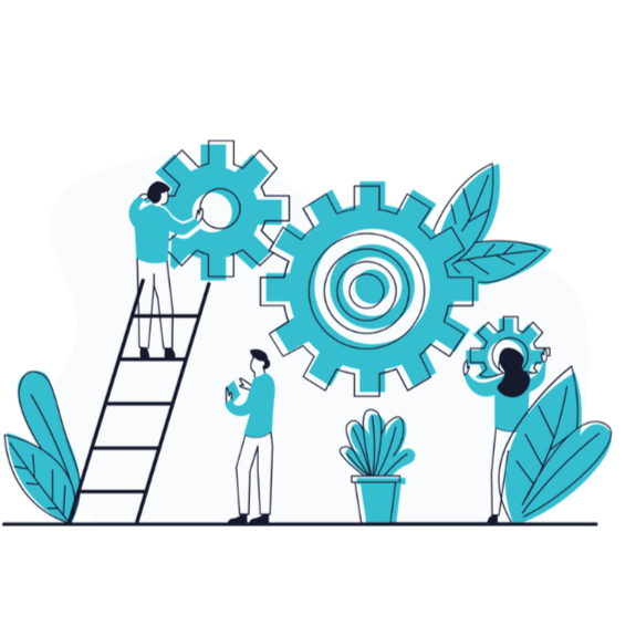 Illustration of three people working with large blue gears, one on a ladder adjusting a gear, another looking at a phone, and a third holding a gear, surrounded by plants.