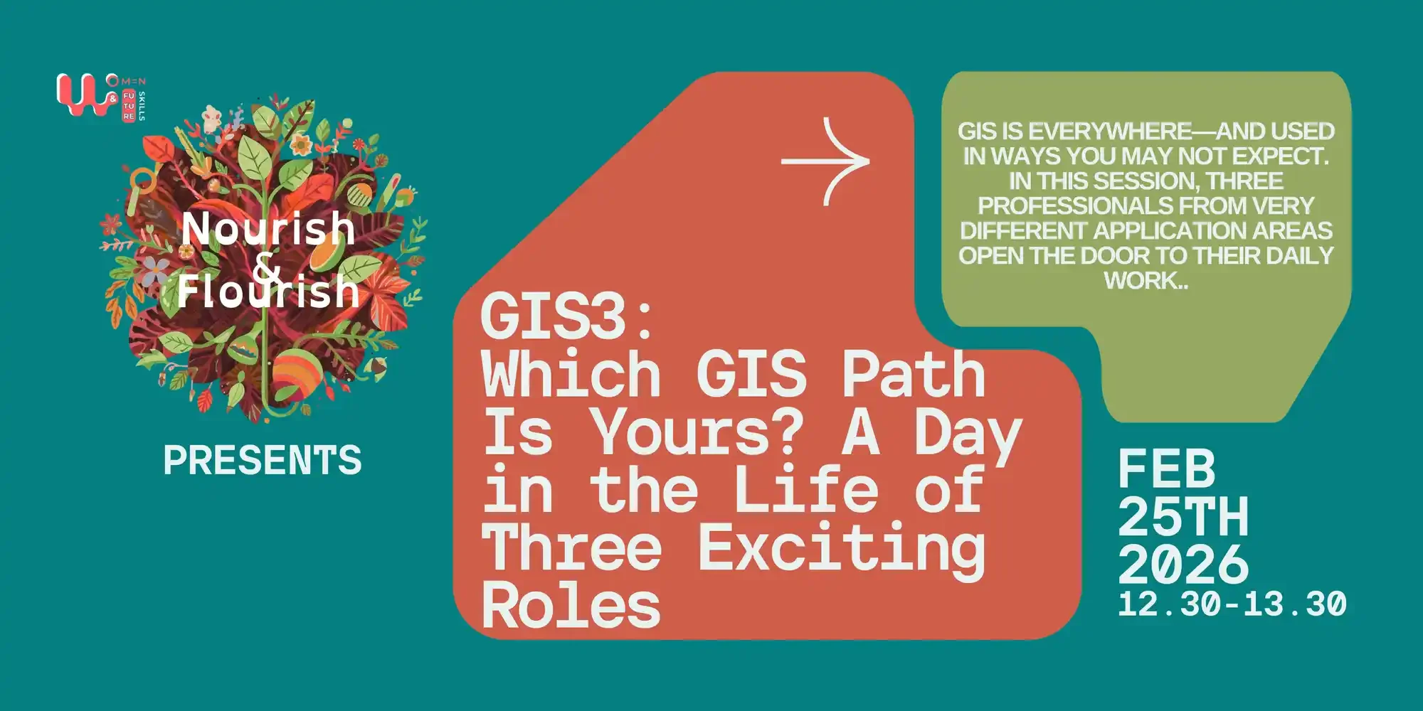 A colorful graphic with a floral illustration and text about a GIS event on February 25th, 2026. It features the title 'GIS3: Which GIS Path Is Yours? A Day in the Life of Three Exciting Roles' and includes a green speech bubble with information about GIS usage and professionals from different areas.