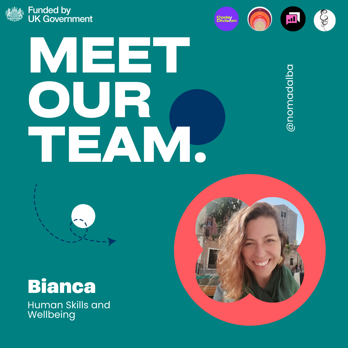 Meet our team promotional graphic featuring Bianca, who works in Human Skills and Wellbeing. The graphic includes a smiling woman with curly hair, the logo of UK government funding, and colorful icons at the top.