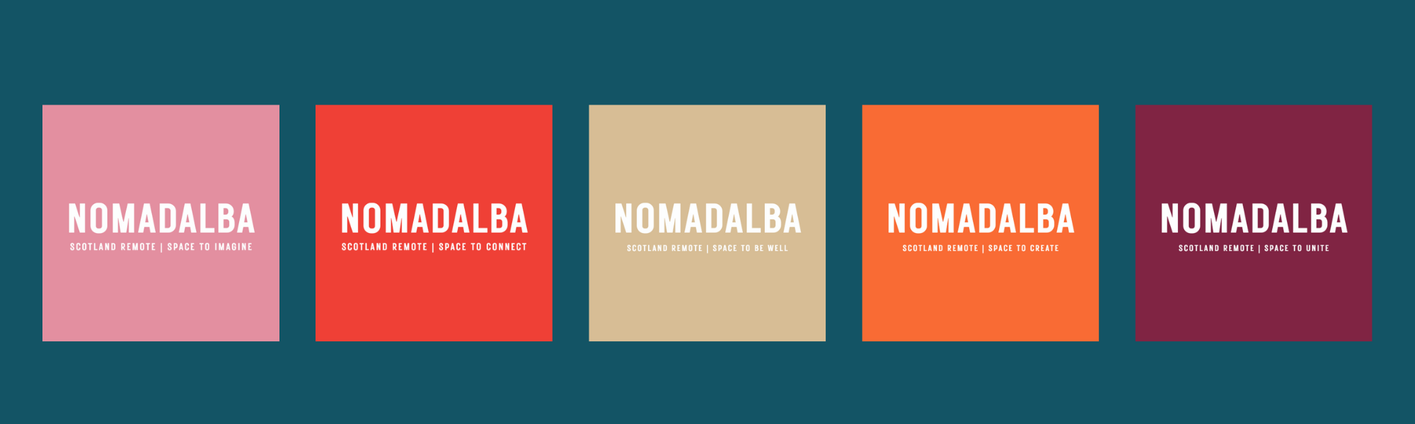 Five colorful book covers named NomadALBA with subtitles about Scotland remote, space to imagine, connect, be well, create, and unite, arranged in a row on a dark teal background.