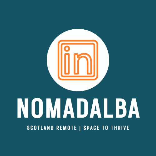 NomadAlba logo with a stylized orange 'in' inside a white circle, blue background, and white text reading 'NomadAlba, Scotland Remote | Space to Thrive'.