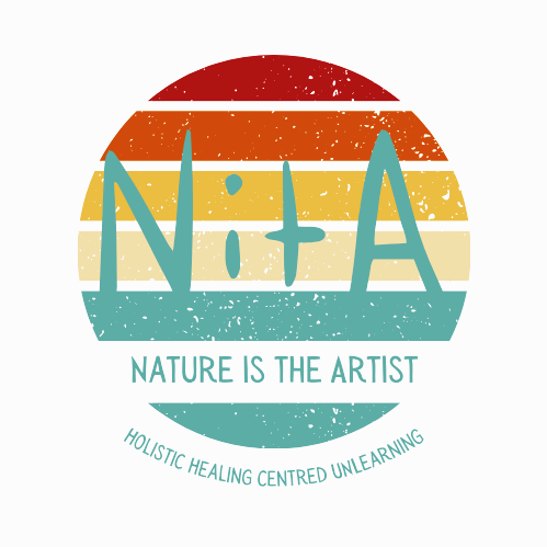 A circular logo with colorful horizontal stripes and the text 'N + A' in the center, along with the phrases 'Nature is the Artist' and 'Holistic Healing Centered Unlearning'.