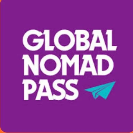 Purple background with white text reading 'Global Nomad Pass' and a blue paper airplane icon.