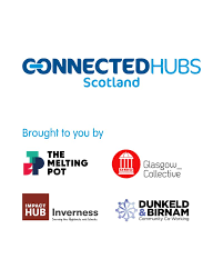 Logo for Connected Hubs Scotland with sponsors including The Melting Pot, Glasgow Collective, Inverness, and Dunkeld & Birnam, featuring their logos.