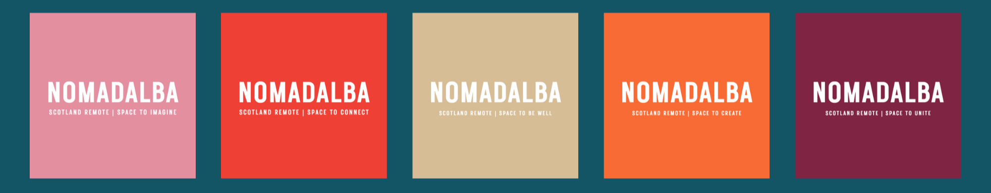 Five colorful book covers with the title 'NomadAlba' and different subtitles about Scotland remote travel themes.