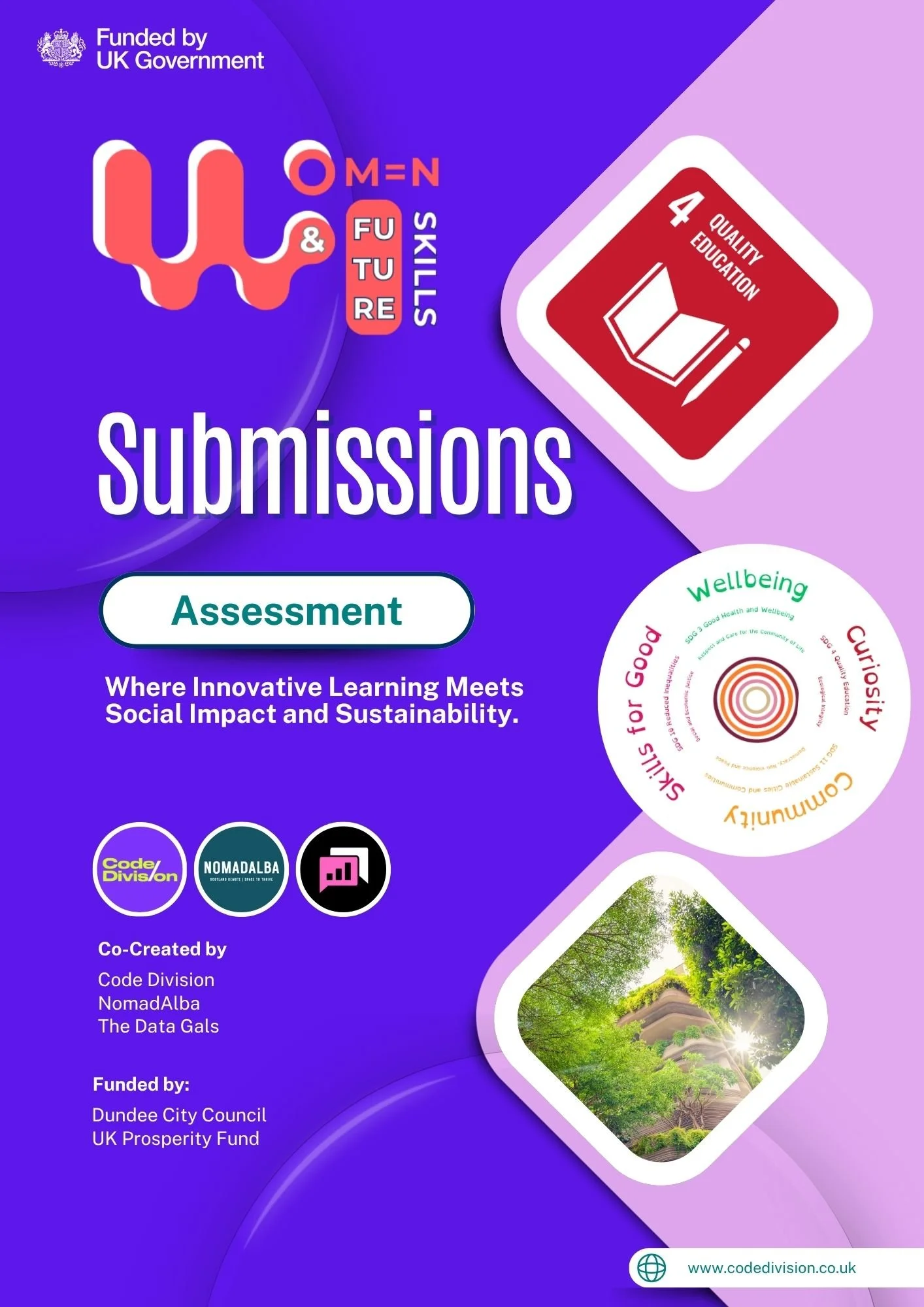 Cover page for a submission titled "Assessment" with a purple background, featuring logos of Code Division, NomadAlba, and The Data Gals, and images of trees, sustainability, and a book representing education. Includes text about social impact, sustainability, and funding by the UK government.