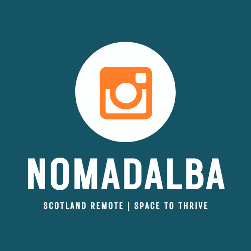 Logo with Instagram icon above the word 'NOMADALBA' and the tagline 'Scotland Remote | Space to Thrive'.
