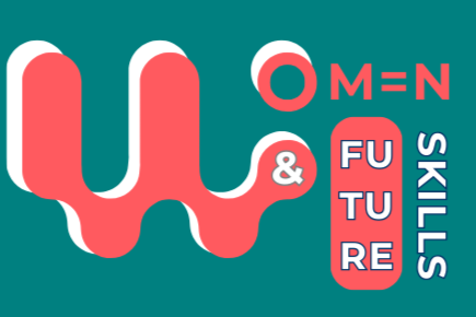 A graphic with a red snake-like shape forming a 'W', with text saying 'O M = N' and 'FUTURE SKILLS' beside it.