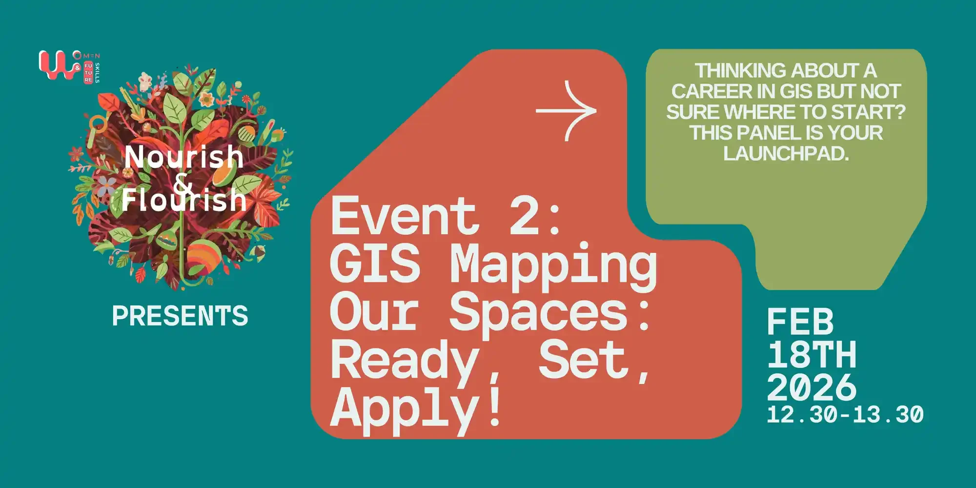 An event announcement graphic with a colorful floral tree on the left and details on the right. The text reads: 'Nourish & Flourish presents'. A large headline states: 'Event 2: GIS Mapping Our Spaces: Ready, Set, Apply!'. A green speech bubble on the top right says: 'Thinking about a career in GIS but not sure where to start? This panel is your launchpad.' At the bottom right, the date and time are listed: 'Feb 18th, 2026, 12:30-1:30'.
