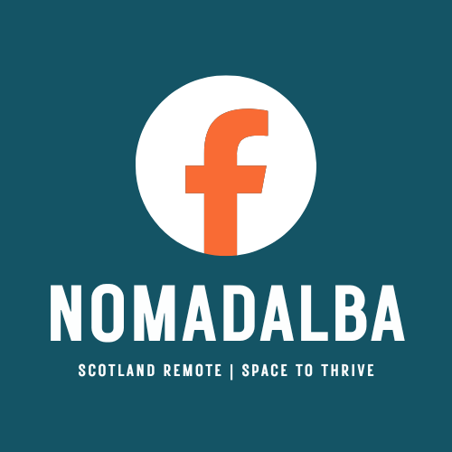 Facebook logo above text that says NOMADALBA, with smaller text reading Scotland remote | space to thrive.