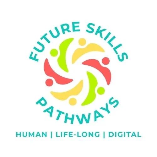 A logo with the text 'Future Skills Pathways' arranged in a circular pattern around abstract human figures in green, yellow, and red, with the words 'Human,' 'Life-Long,' and 'Digital' below.