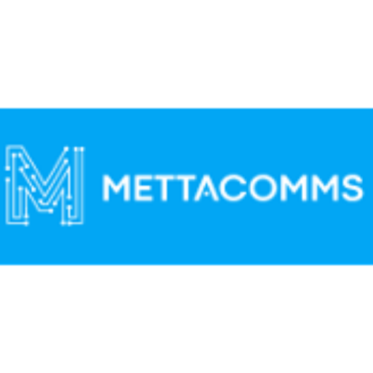 Logo of Mettacomms with a stylized letter M and company name on a blue background.