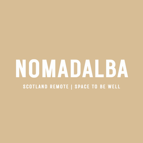 A beige square graphic with white text that reads: 'NOMADALBA, SCOTLAND REMOTE | SPACE TO BE WELL'.
