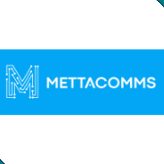 Logo of METTA COMMS with a stylized letter M on a blue background.