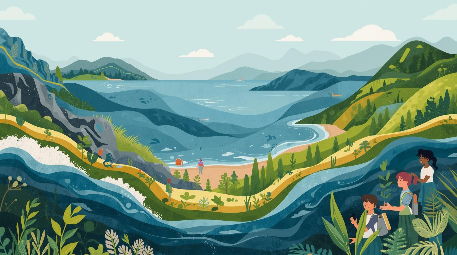 Illustration of a scenic landscape with mountains, a lake, a beach, and hikers exploring a lush green environment.