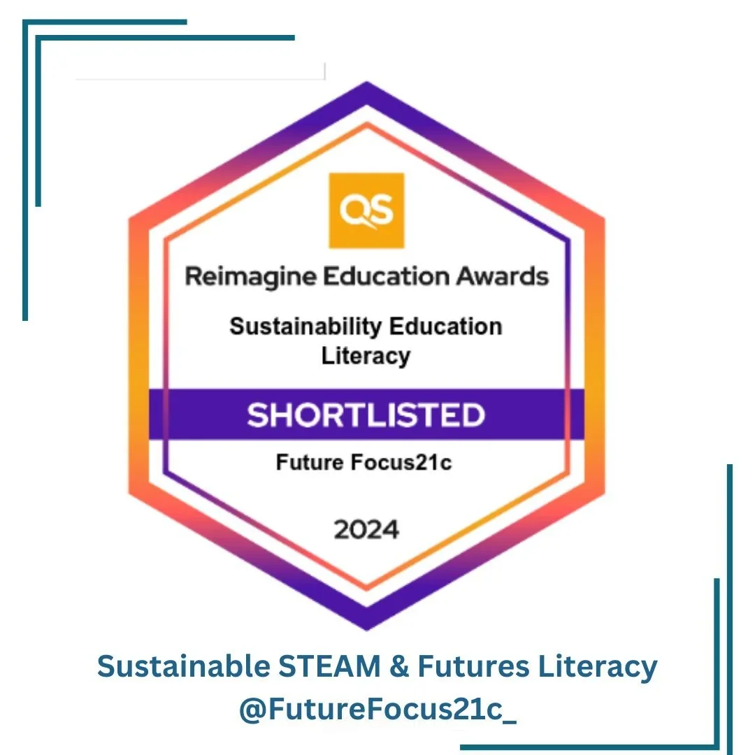 Certificate badge with a honeycomb shape, displaying the Reimagine Education Awards 2024, highlighting Sustainability Education and Literacy, with the words 'Shortlisted' and 'Future Focus21c', and social media handle '@FutureFocus21c'.