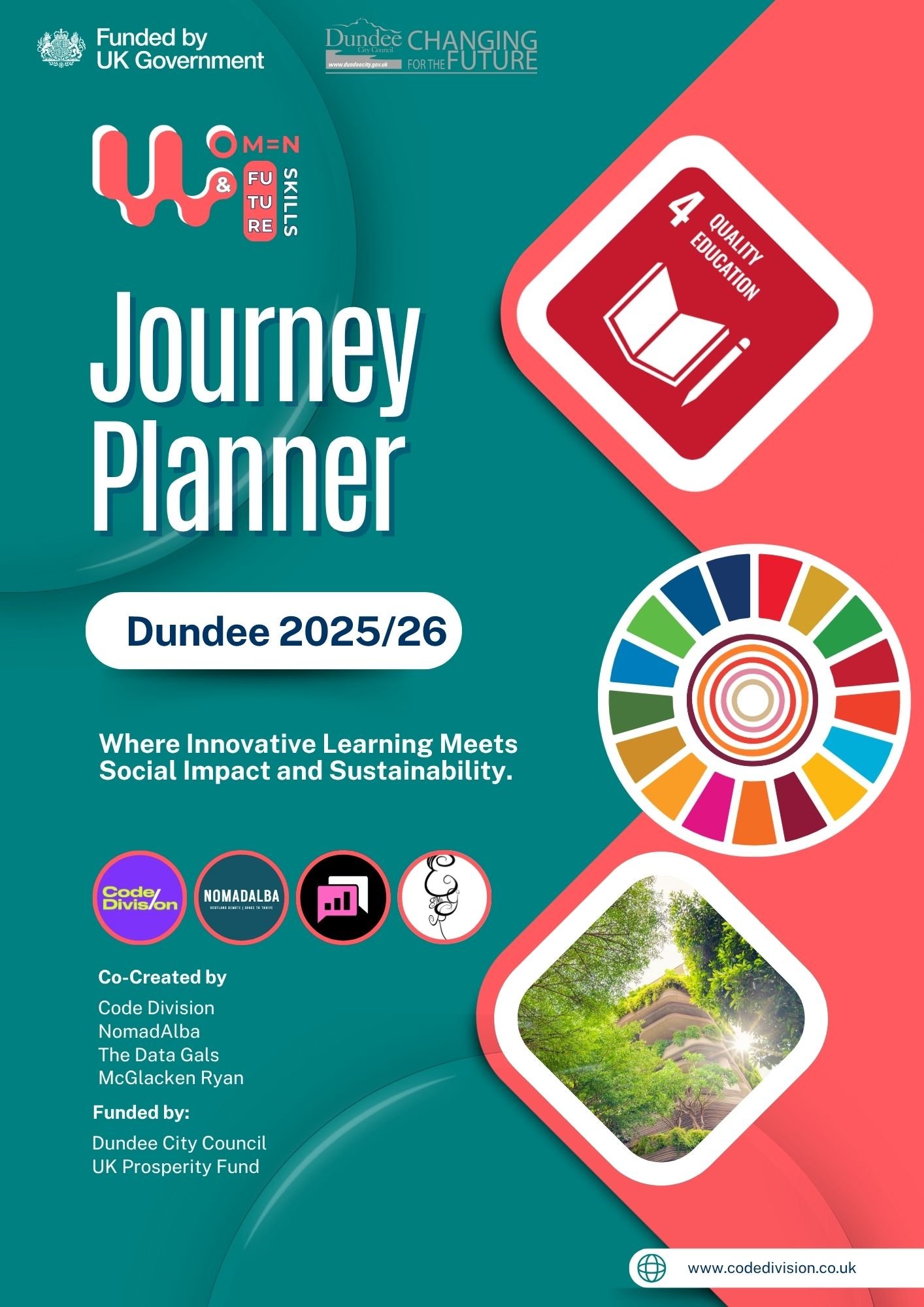 Cover page of the Dundee 2025/26 Journey Planner with logos, a book icon with the number 4, a colorful circular icon representing sustainability, and a photo of a green tree with sunlight.