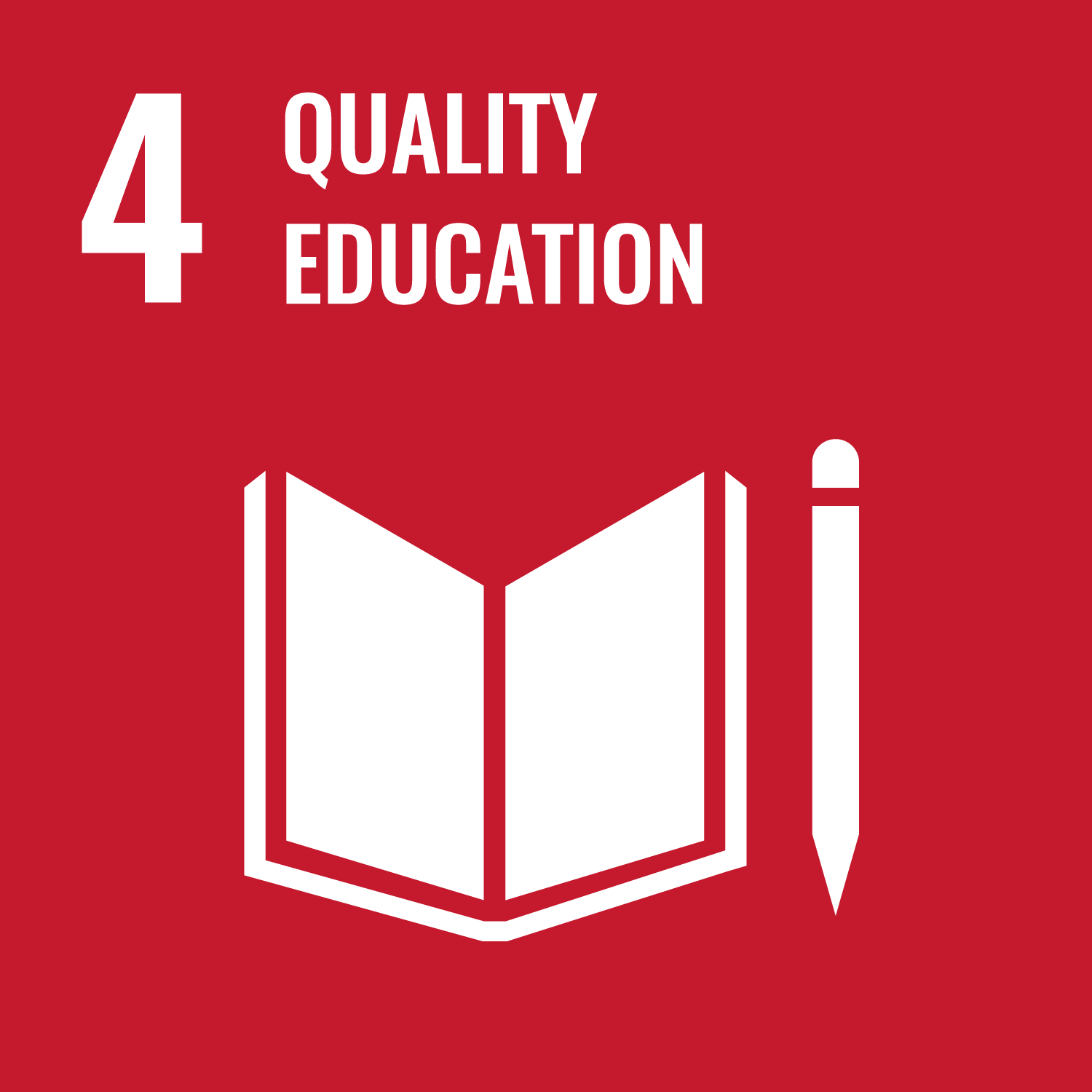 Icon for Sustainable Development Goal 4: Quality Education. Features a stylized open book and pen on a red background.