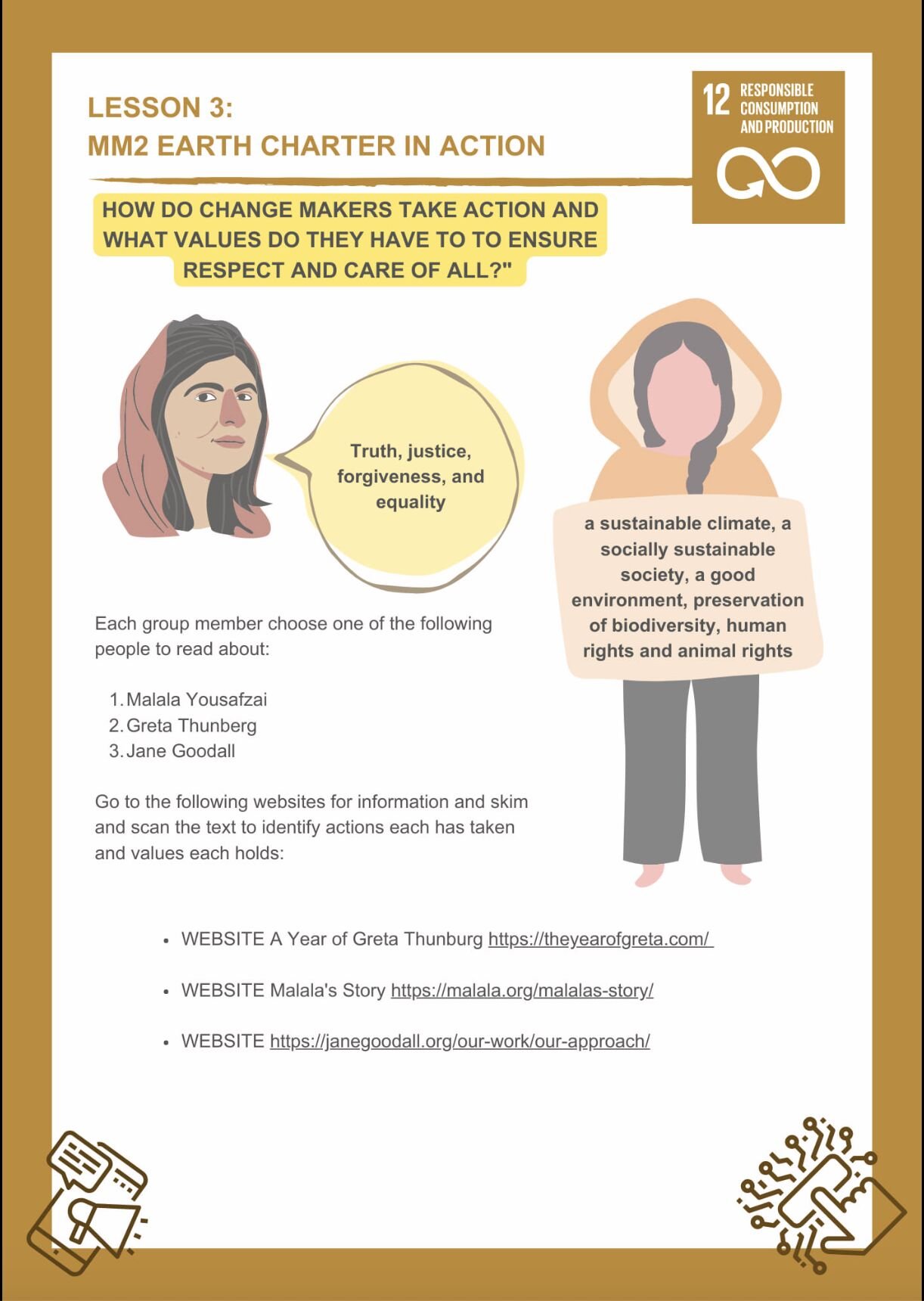Educational poster discussing climate activism and social justice. It features illustrations of two women representing change makers. One woman is labeled with values like truth, justice, forgiveness, and equality; the other emphasizes sustainability, biodiversity, and human and animal rights. The poster lists names such as Malala Yousafzai, Greta Thunberg, and Jane Goodall, with corresponding websites for more information.