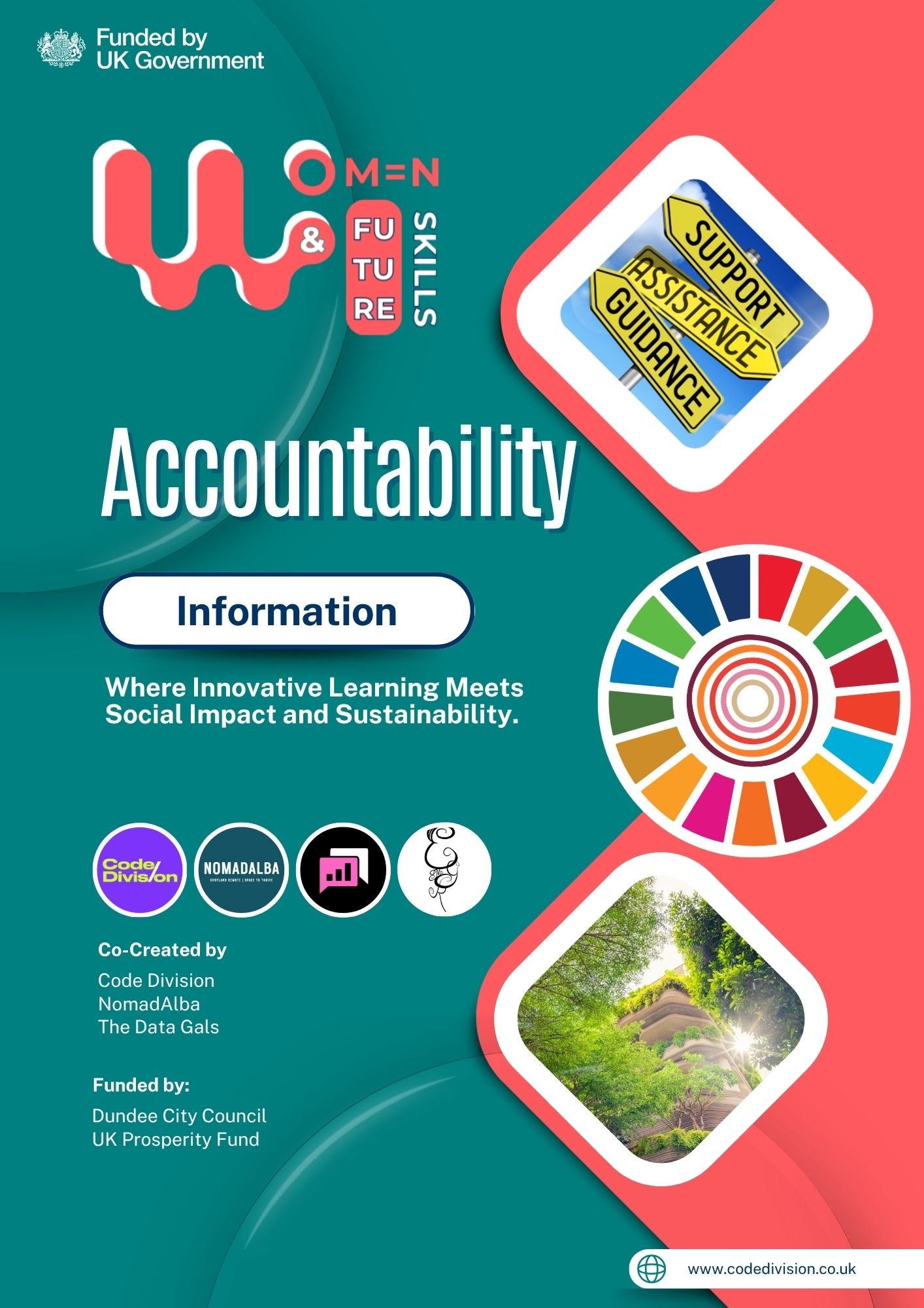 Cover page for a report titled 'Accountability' with logos, diagrams, and images related to social impact, sustainability, and support services, funded by the UK government.