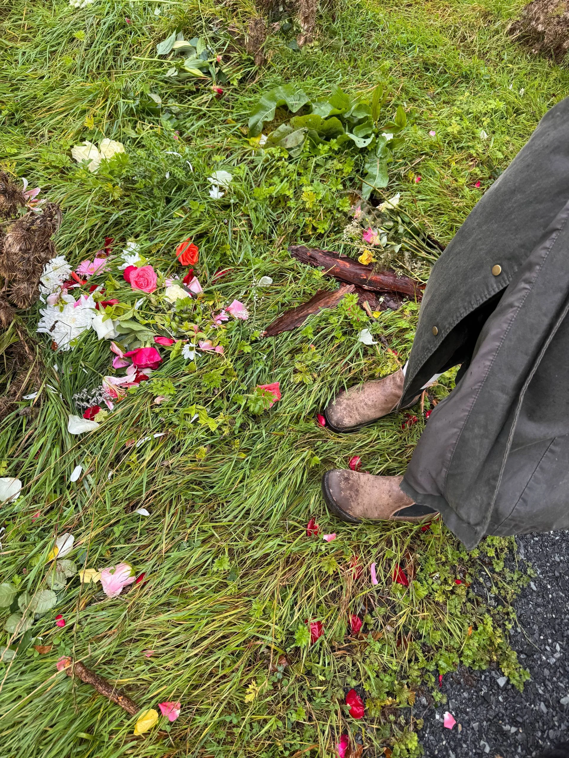 A person's legs and feet, wearing brown boots and dark gray pants, standing on grass and flowers with pink, white, and yellow petals, near a dark gravel path.