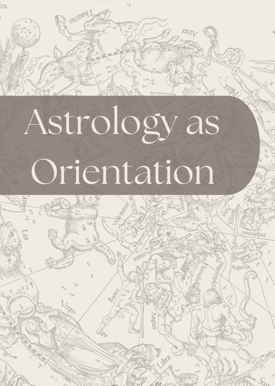 Book cover titled 'Astrology as Orientation' with a background image of a detailed star chart showing zodiac signs and celestial figures.