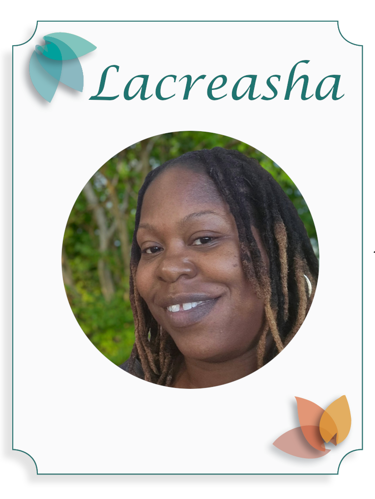 Photo of a woman with dreadlocks smiling, set against a green outdoor background, on a design card with the name LaReasha, decorated with floral motifs.
