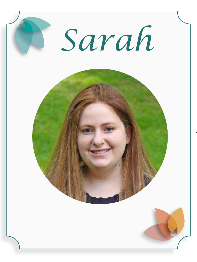 Name tag with the name Sarah and a photo of a young woman with long, light brown hair, smiling, outdoors with a green background, decorated with leaves.