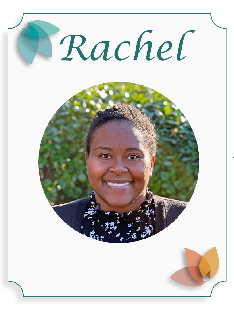Design of a social media profile badge featuring a portrait of a woman named Rachel. The badge has a decorative border with floral elements and a background of greenery.
