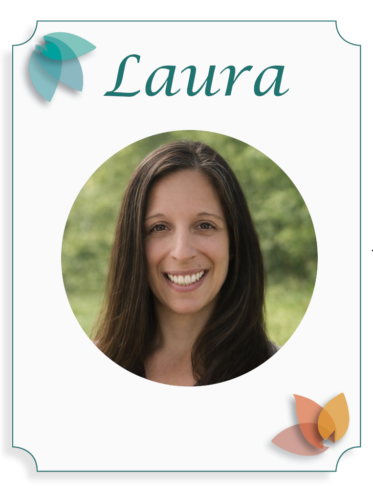 Resume or profile card featuring a woman's photo with the name Laura, decorative floral accents, and a outdoor background.