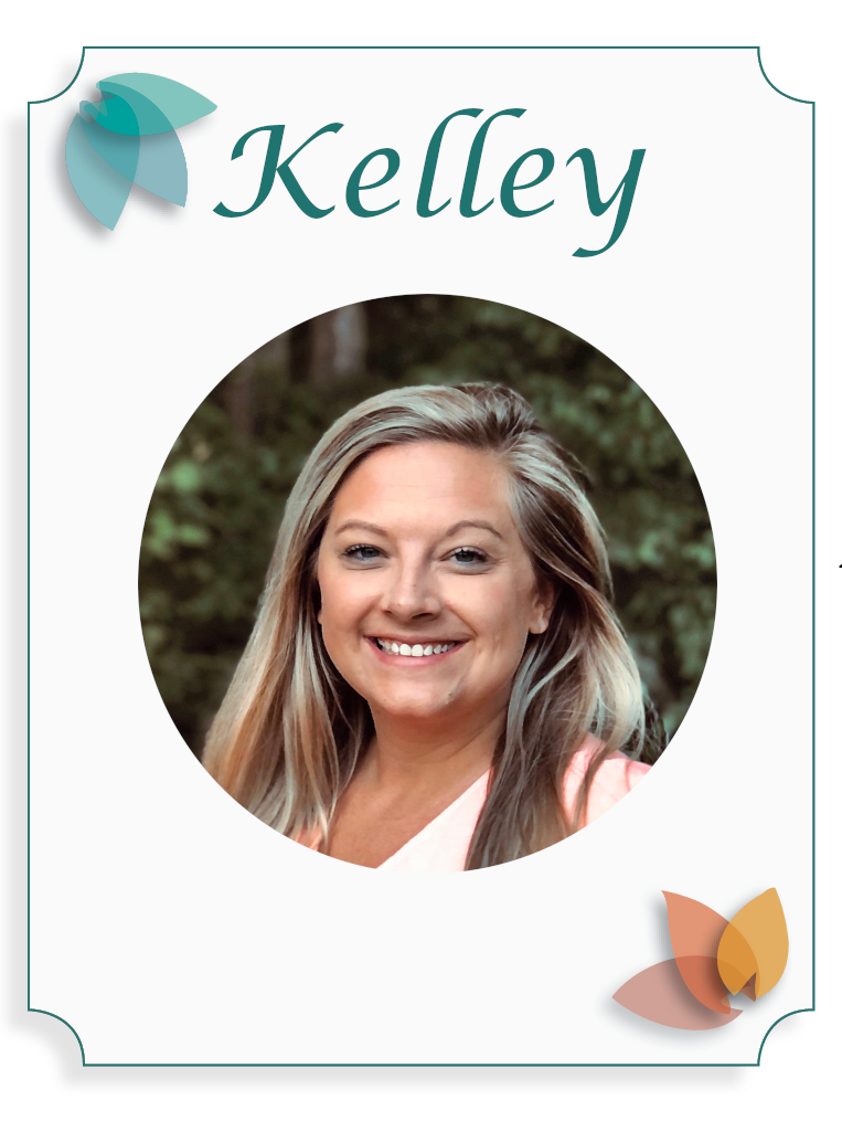 A woman smiling outdoors with greenery in the background, with the name Kelly written above her photo, on a decorative card with floral accents.