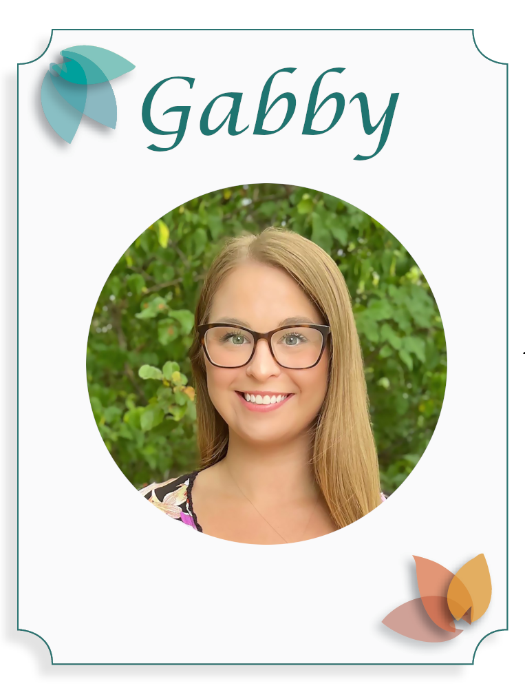 A personalized card with a photo of a young woman wearing glasses, smiling, with a green leafy background, and the name 'Gabby' written at the top.