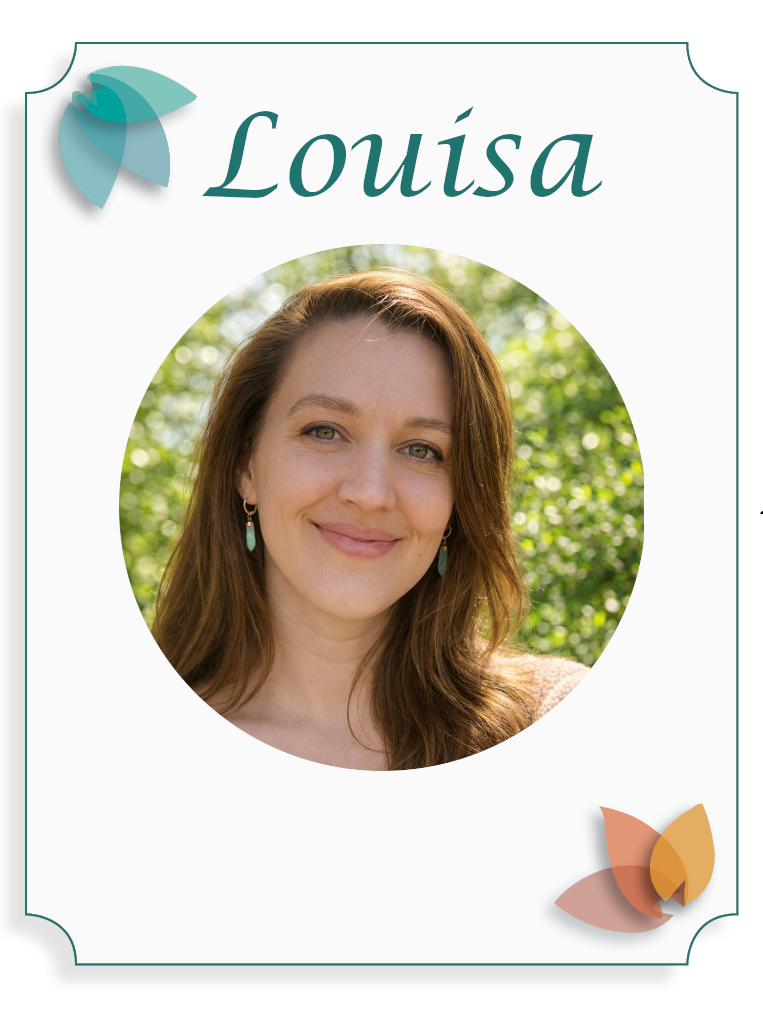Name tag with the name 'Louisa' at the top, a photo of a smiling woman with brown hair in a bun, wearing earrings, set against a green leafy background, with decorative leaves in the corners.