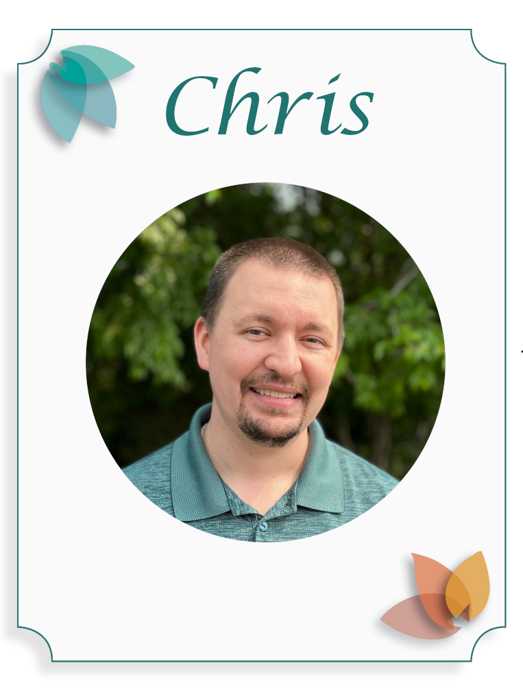 Design featuring a portrait of a man named Chris, with decorative floral elements and a green and cream color scheme.