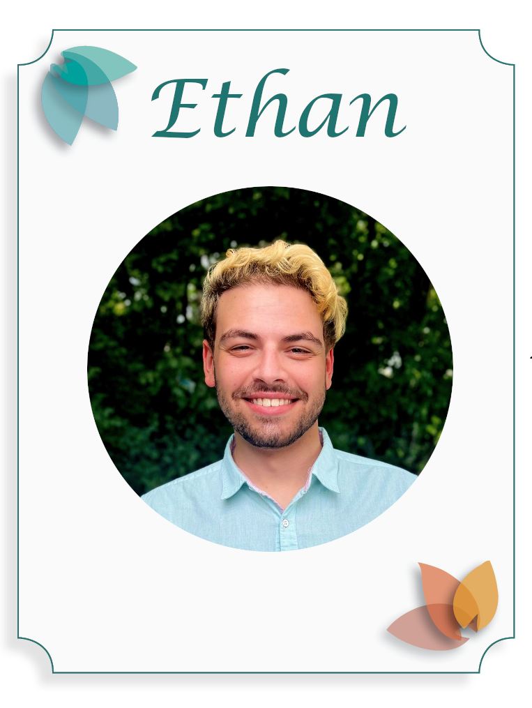 Name tag for Ethan featuring a portrait of a smiling man with curly blond hair, light skin, wearing a light blue shirt, with a blurred green outdoor background.