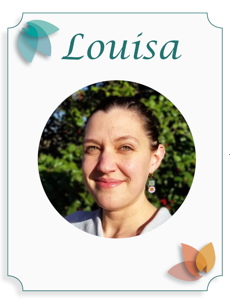 Name tag with the name 'Louisa' at the top, a photo of a smiling woman with brown hair in a bun, wearing earrings, set against a green leafy background, with decorative leaves in the corners.