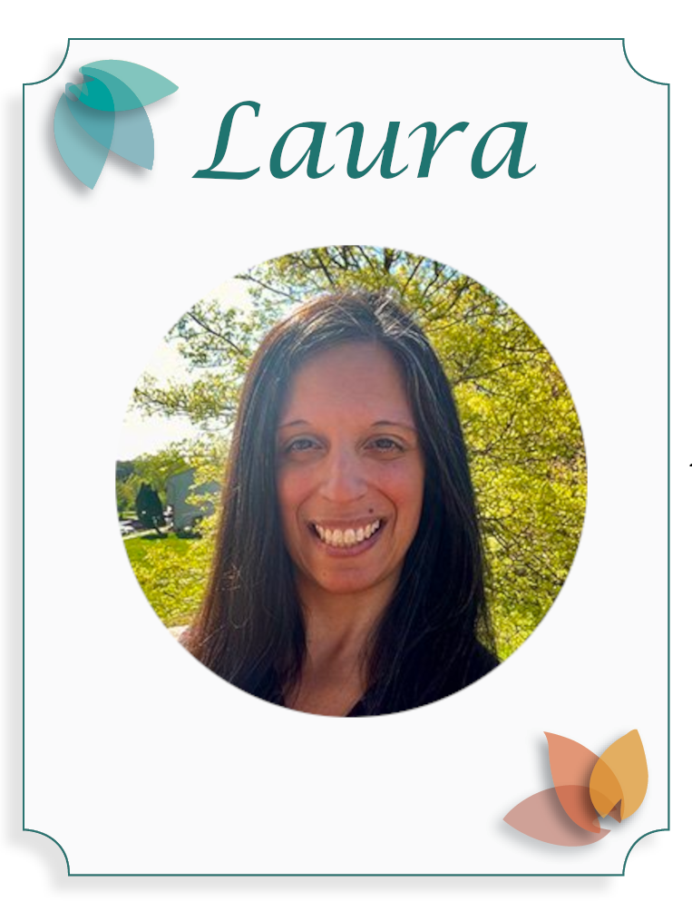 Resume or profile card featuring a woman's photo with the name Laura, decorative floral accents, and a outdoor background.