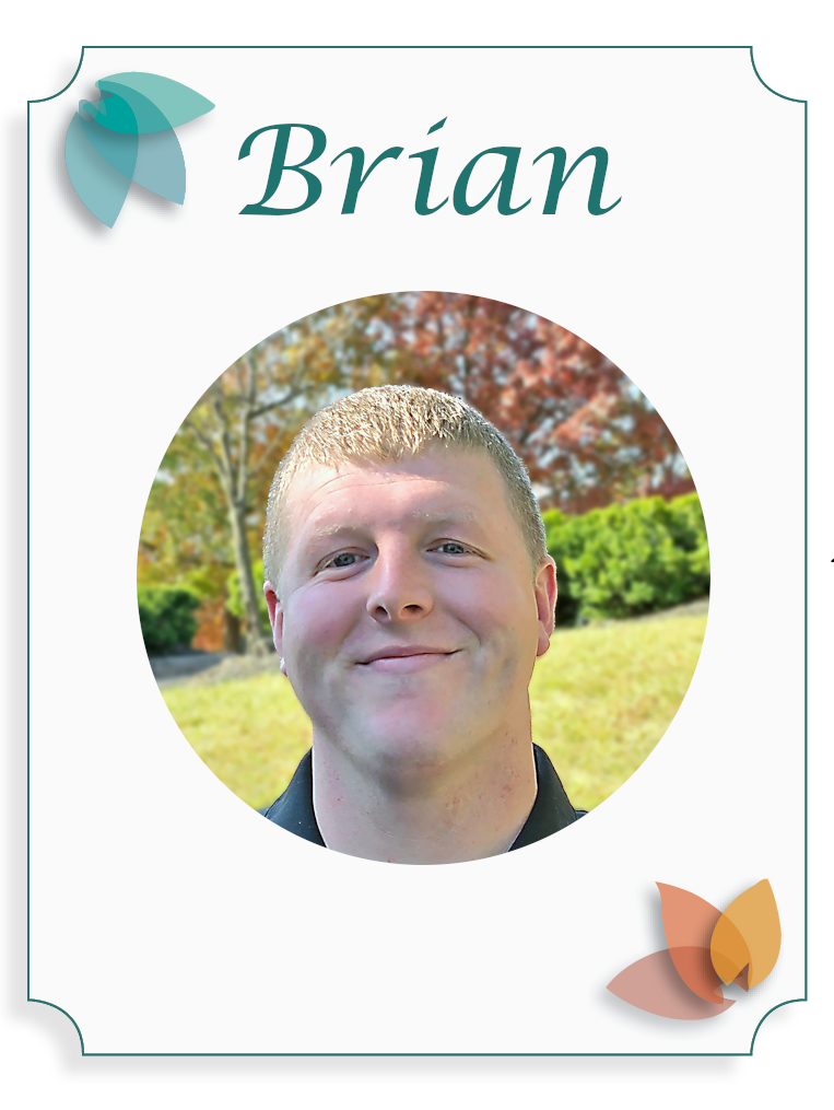 A friendly young man with short blonde hair smiling outdoors with fall foliage in the background, on a personalized name tag that says 'Brian'.