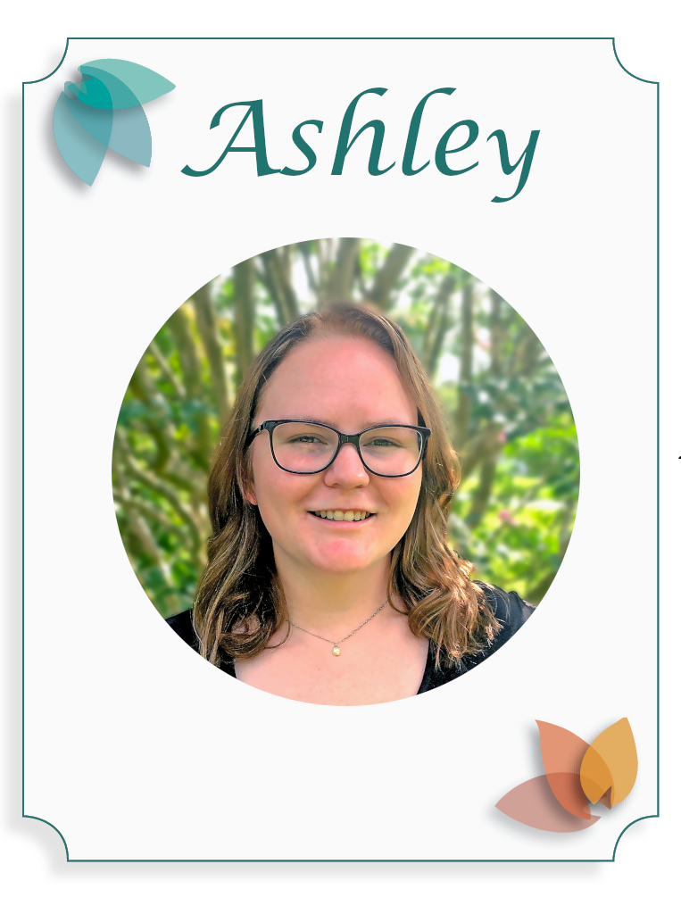 A greeting card with a photo of a young woman with glasses, smiling, and a background of green trees. The card has floral design elements and the name "Ashley" written at the top.