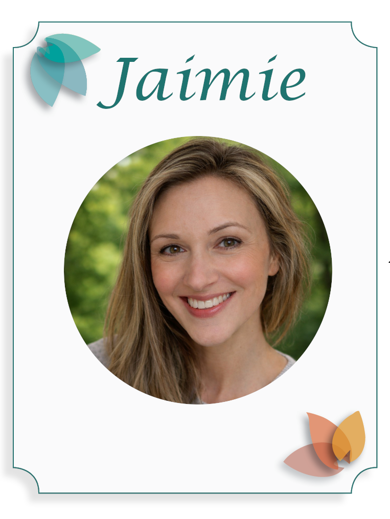 Name tag with the name Jaime and a portrait of a smiling woman with long blonde hair outdoors.