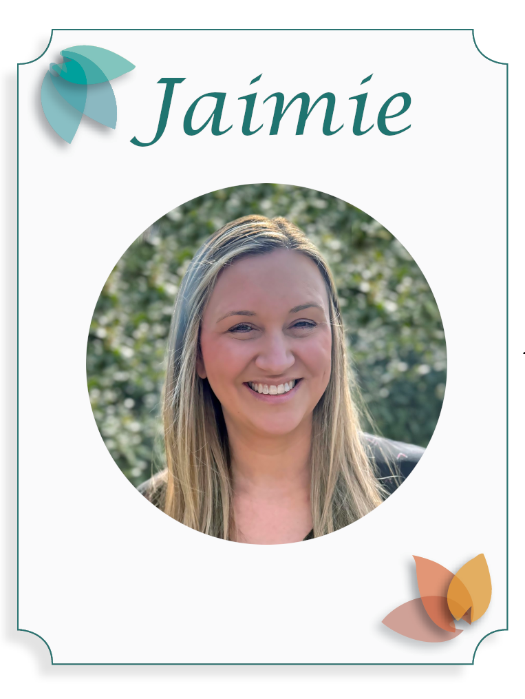 Name tag with the name Jaime and a portrait of a smiling woman with long blonde hair outdoors.
