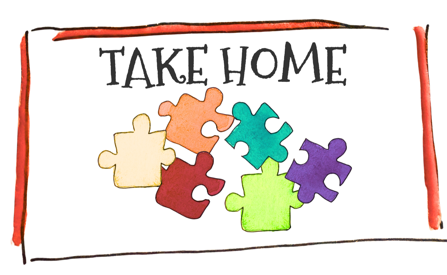 Colorful puzzle pieces arranged in a circle with the phrase "Take Home" written above over a black background.