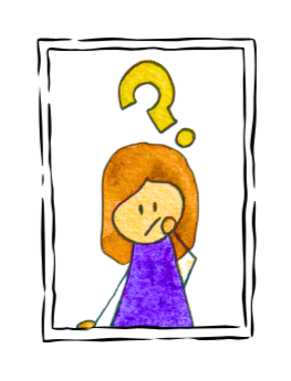 A cartoon girl with orange hair and a purple dress, looking thoughtful, with a large yellow question mark above her head, on a white background.
