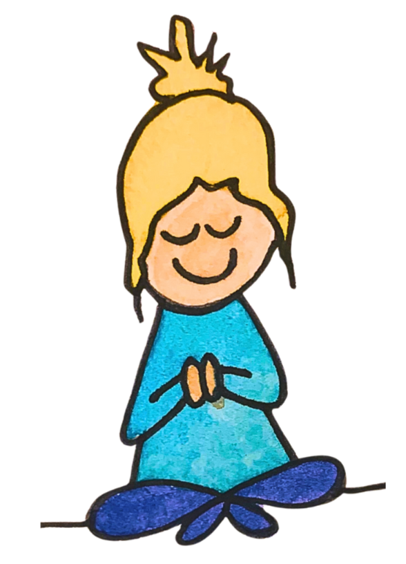 A cartoon girl with blonde hair in a bun, sitting cross-legged with hands together in a prayer position and eyes closed, appearing peaceful and meditative.